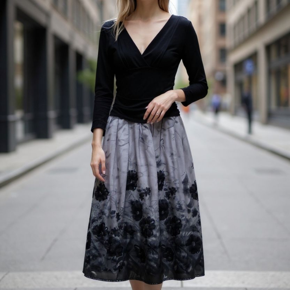 COLLECTION DRESSBARN Elegant Black and Gray Floral Dress SIZE 4